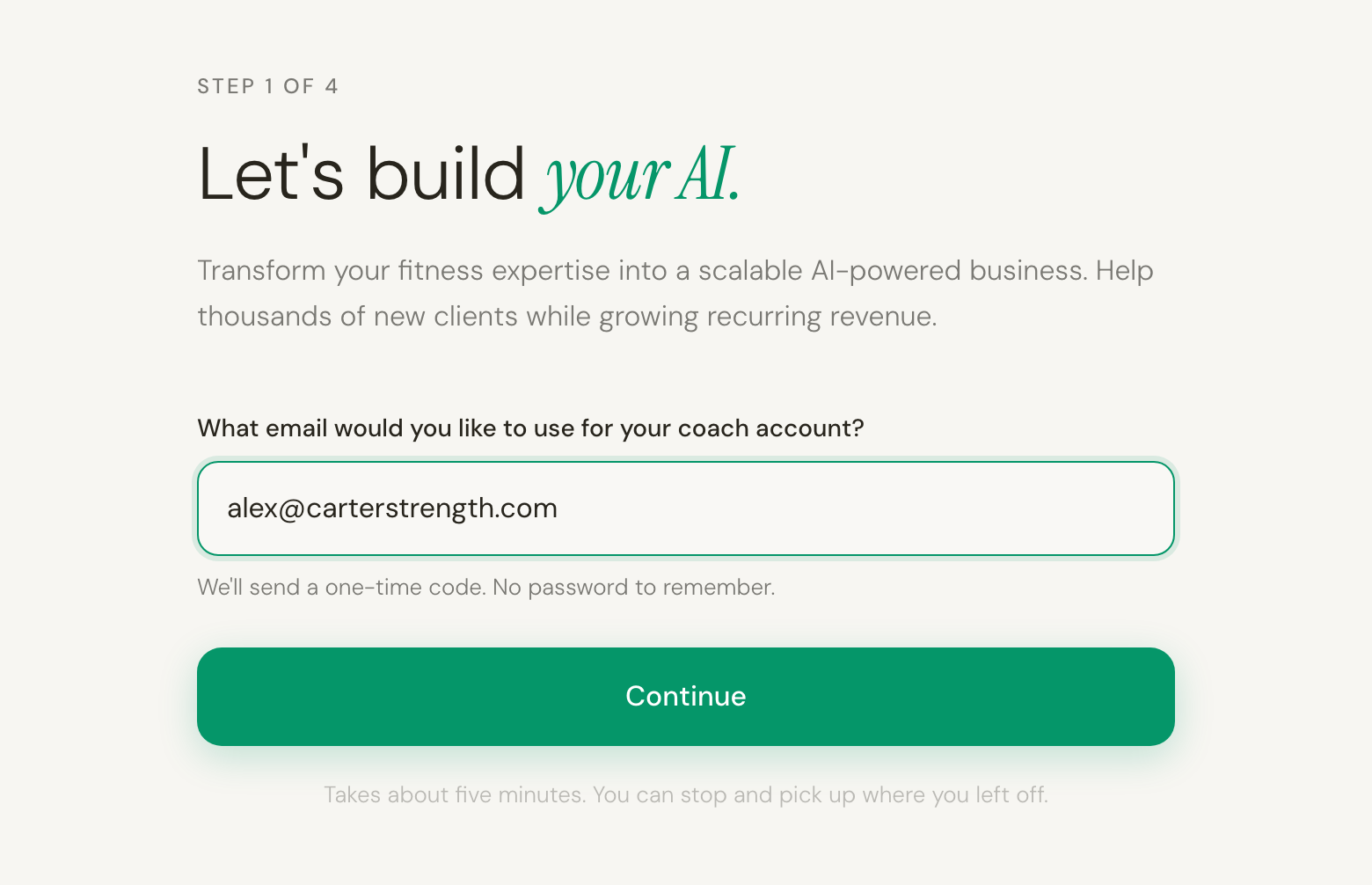 The first screen of the join flow: a single email field above a green Continue button.