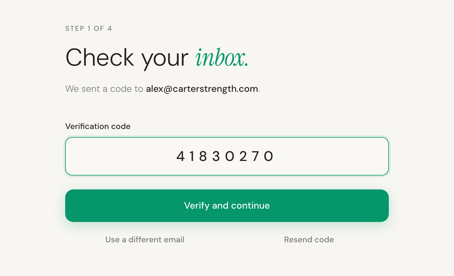The verification screen showing the email address the code was sent to and a field for the code.