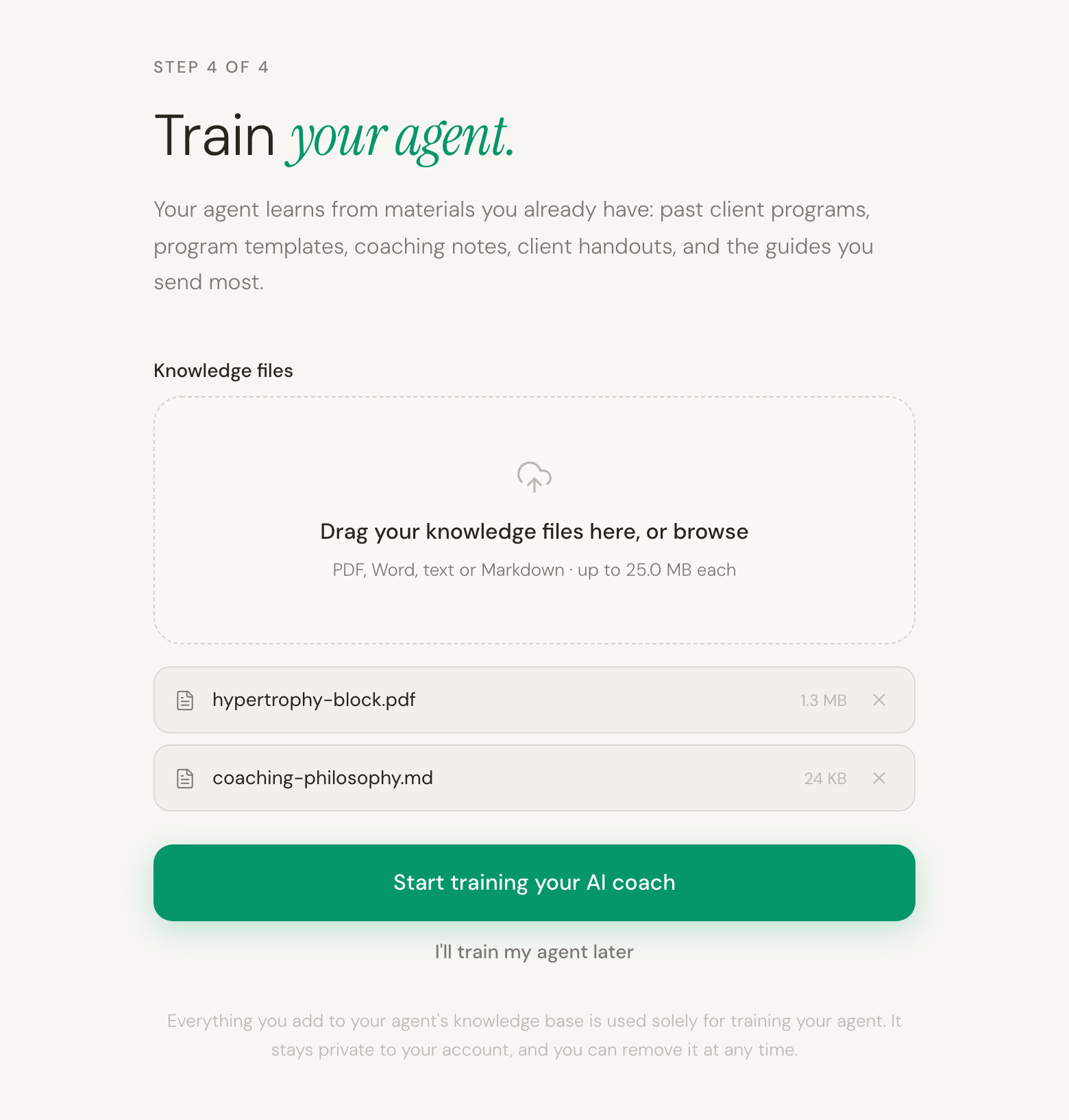 The knowledge files step with two documents listed above a green Start training your AI coach button.
