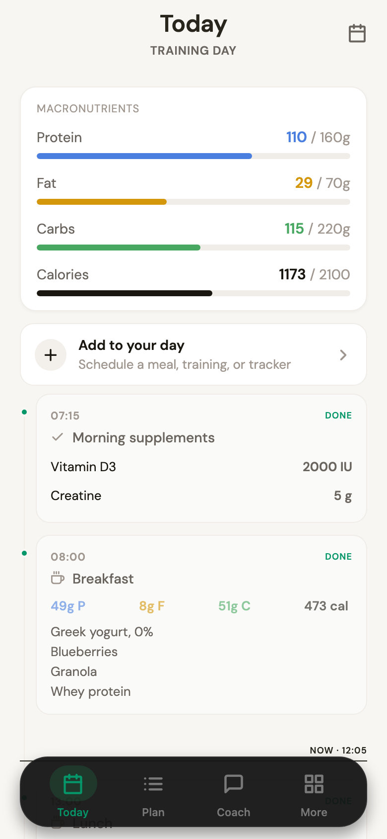 Today screen: macronutrient progress bars and the first blocks of the day