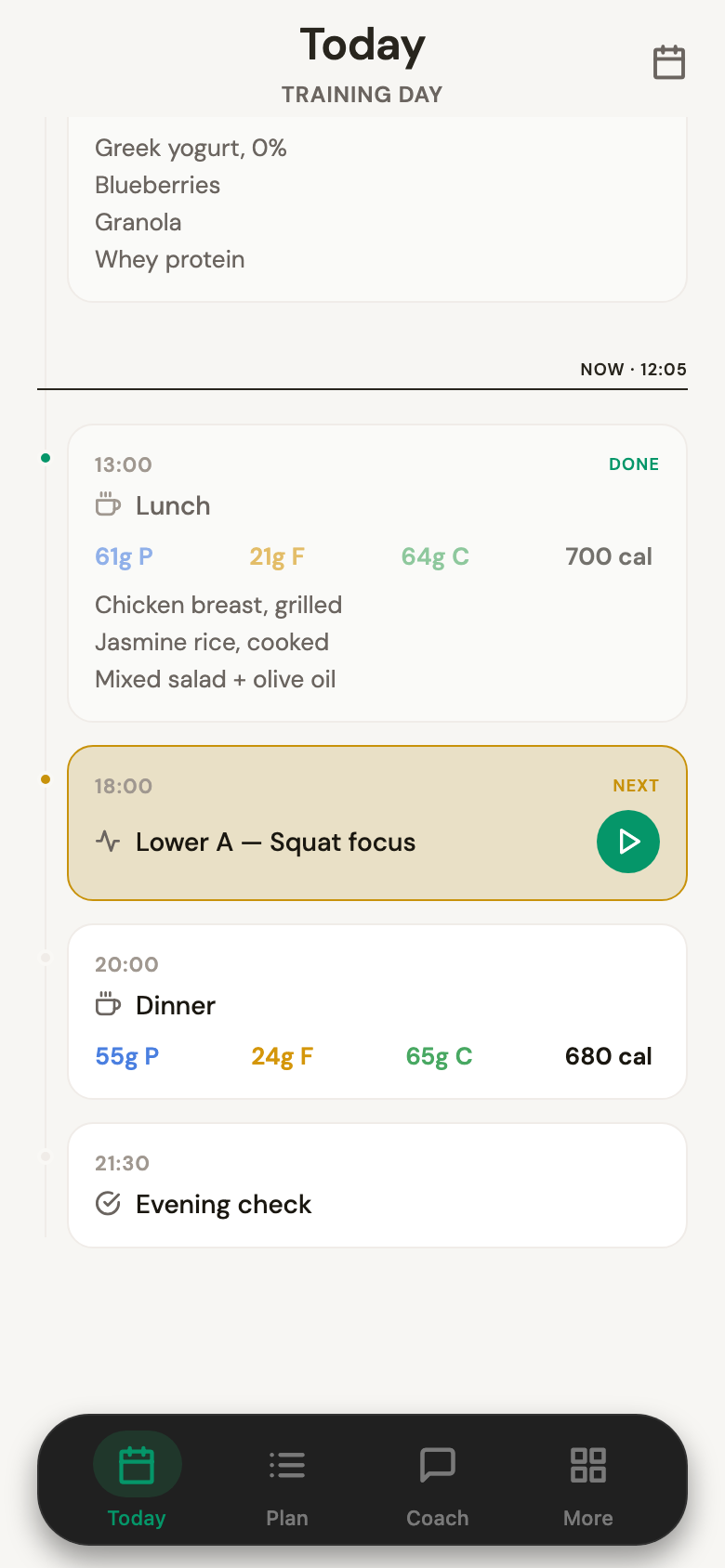 The rest of the day: lunch logged, training up next, dinner and evening check ahead