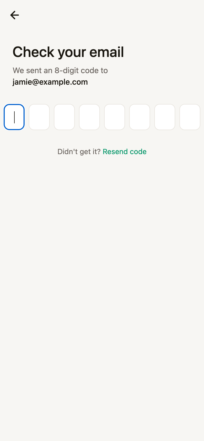 The verification screen, waiting for the eight-digit code