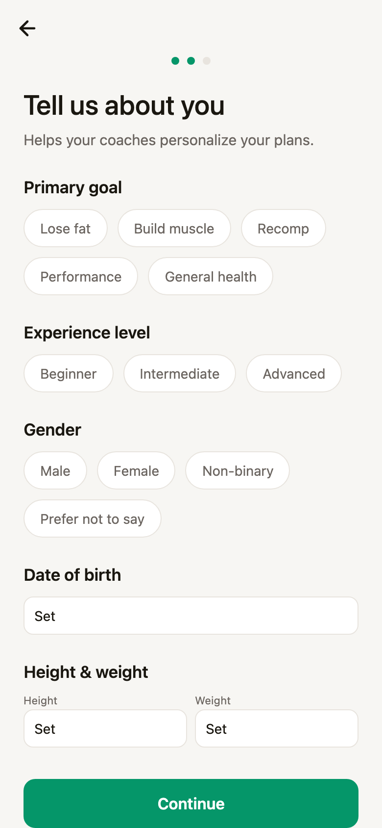 The 'Tell us about you' screen before anything is chosen