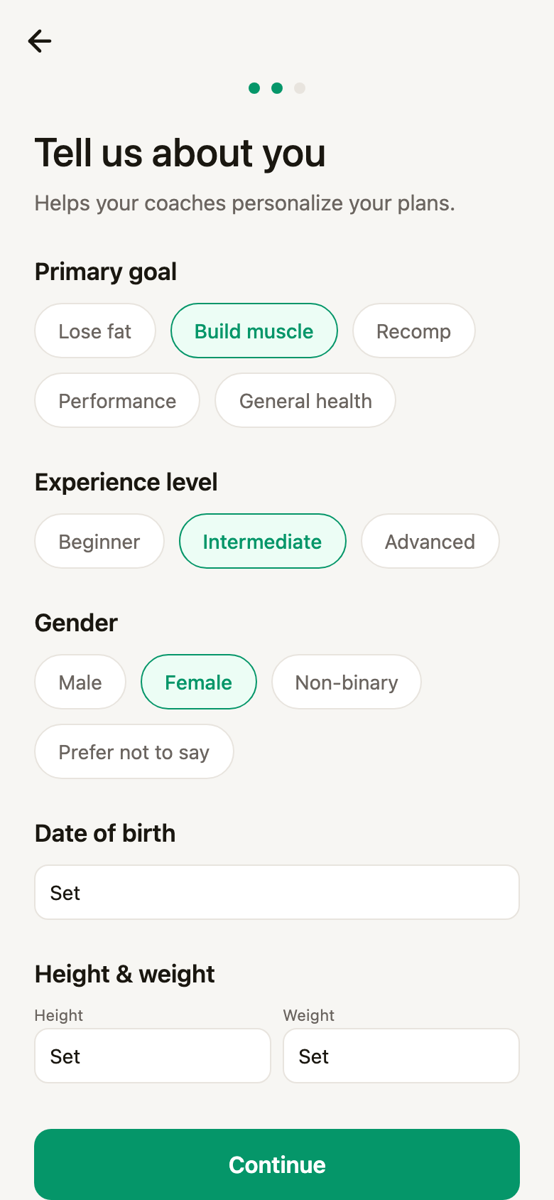 The same screen with build muscle, intermediate and female selected