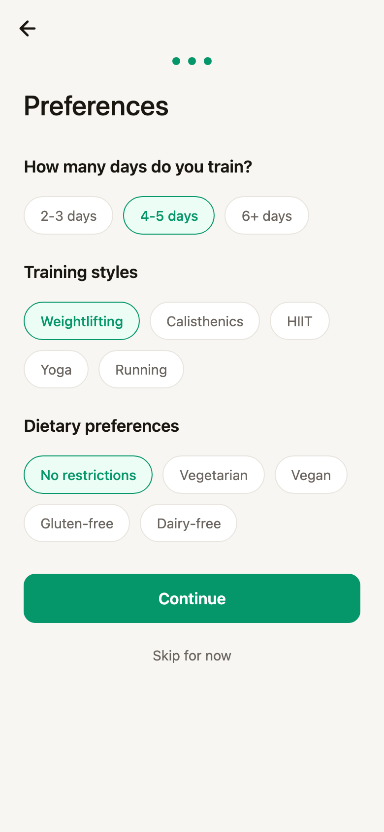 The preferences screen with 4-5 days, weightlifting and no restrictions selected