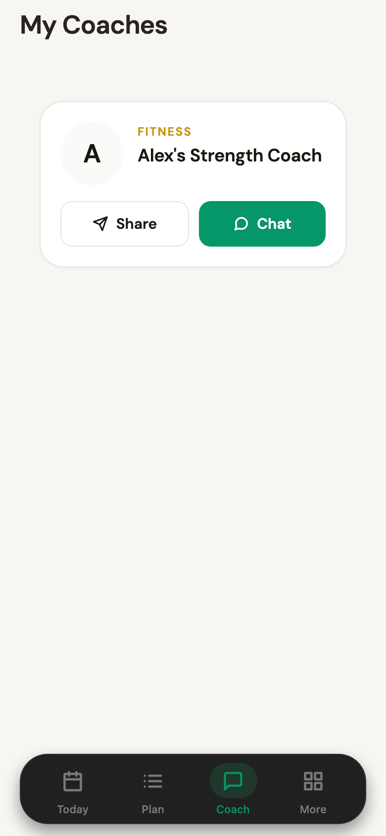 My Coaches, listing the subscribed coach with a Chat button