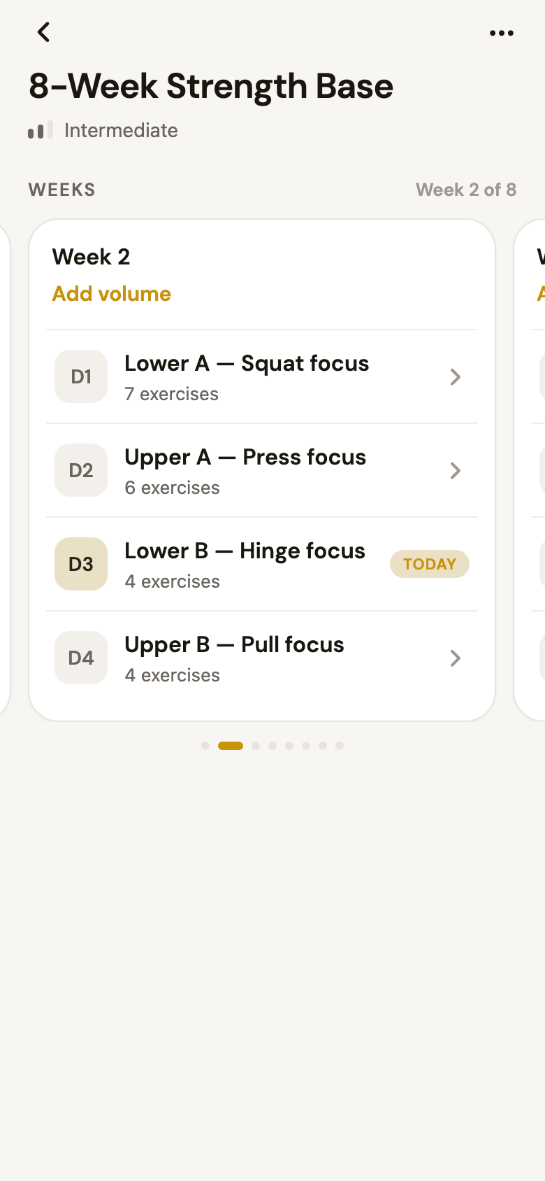 Week 2 of 8 of an 8-week program, showing four training days with names and exercise counts