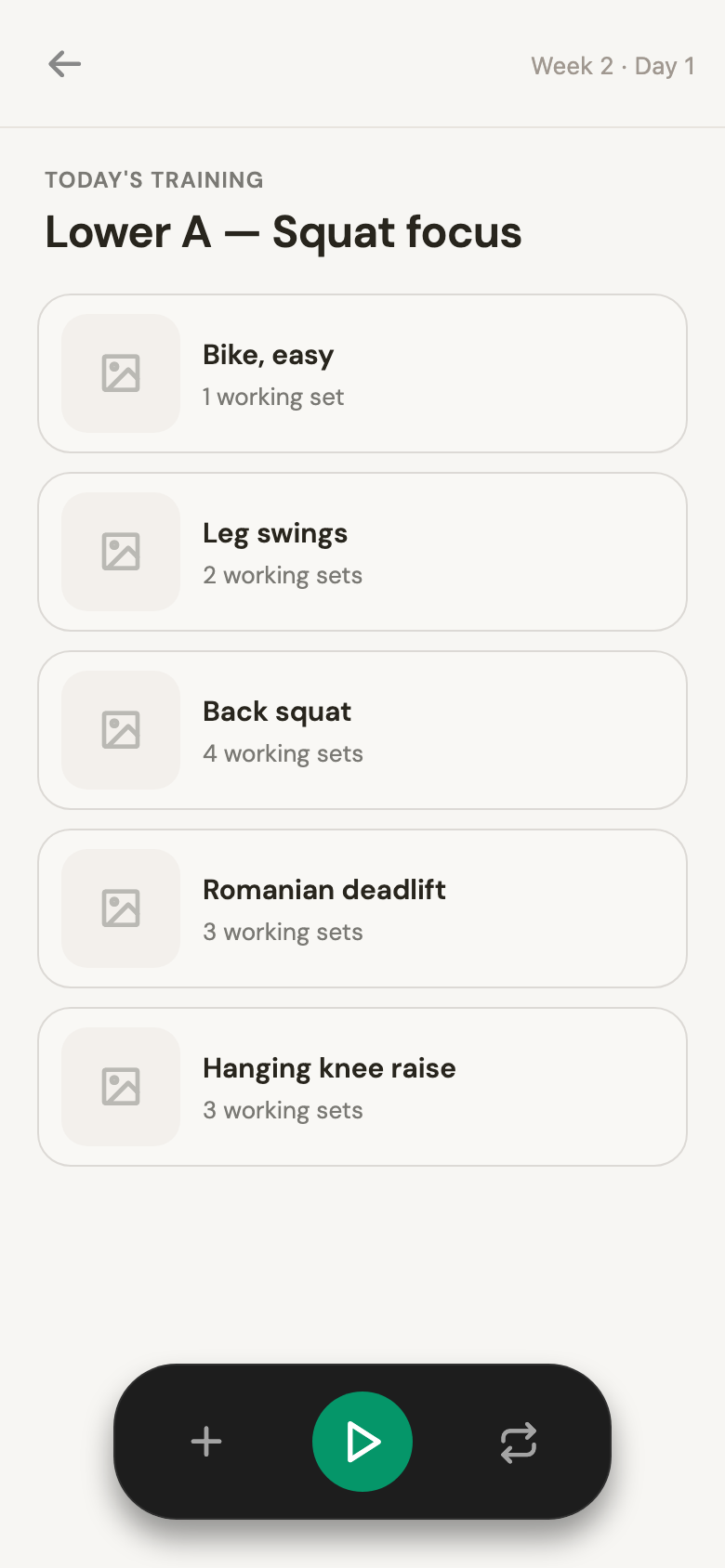 A single training day, listing each exercise and its number of working sets