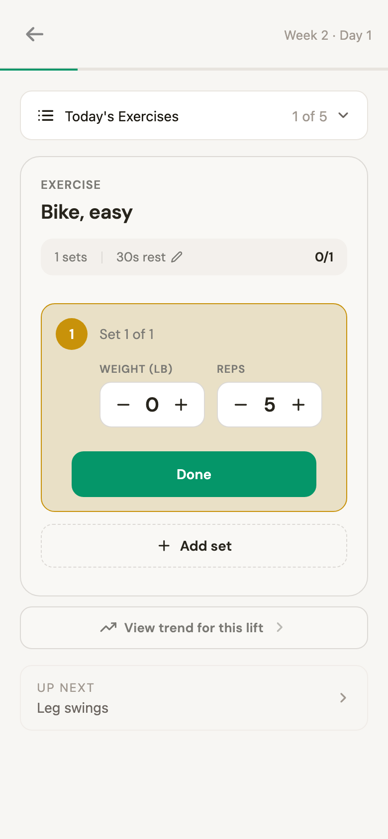 The first exercise of the session with the up-next card below