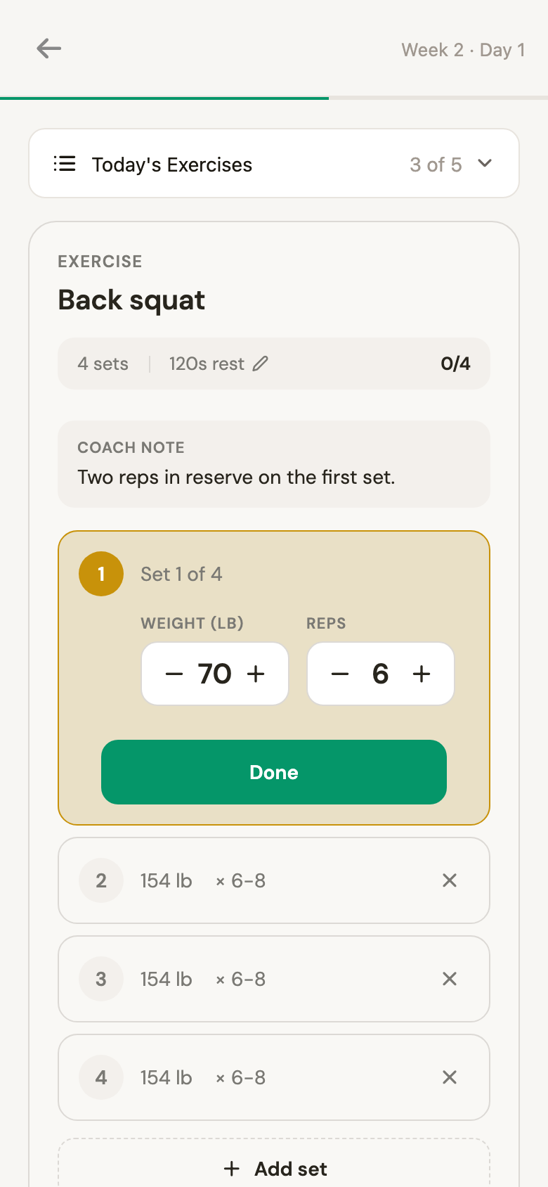 Logging a back squat: four sets, coach note, weight and rep steppers for the active set